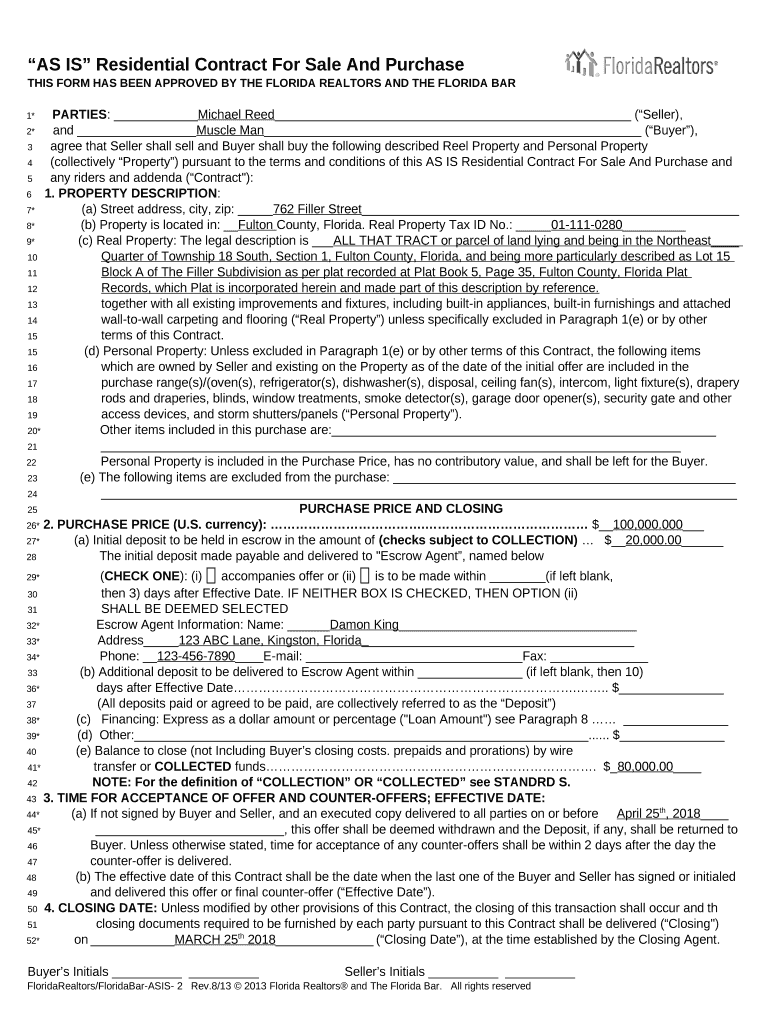 Florida as is Residential Contract for Sale and Purchase  Form