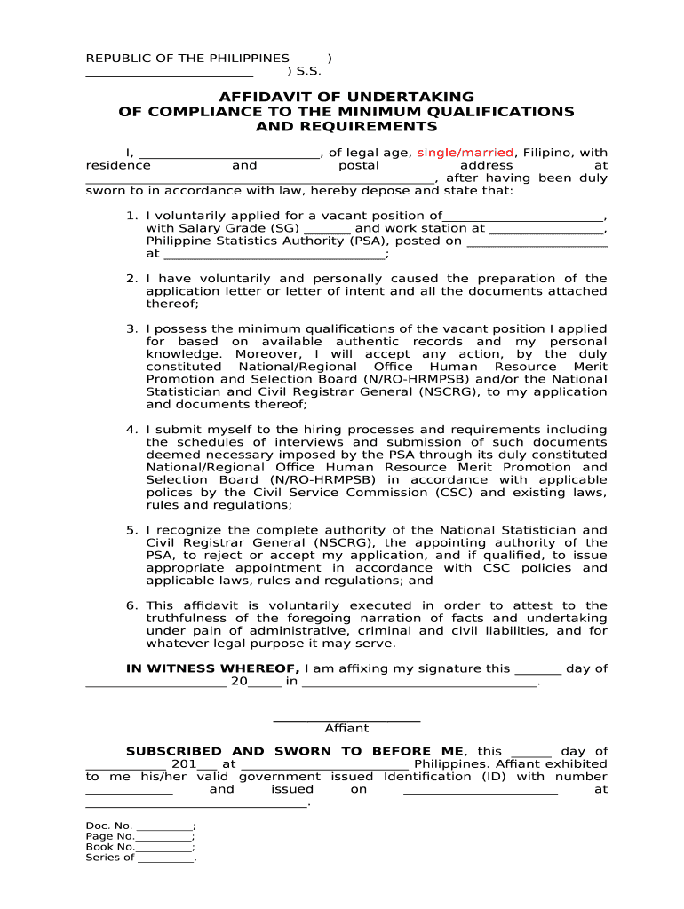 Affidavit of Undertaking to Comply Requirements Sample  Form