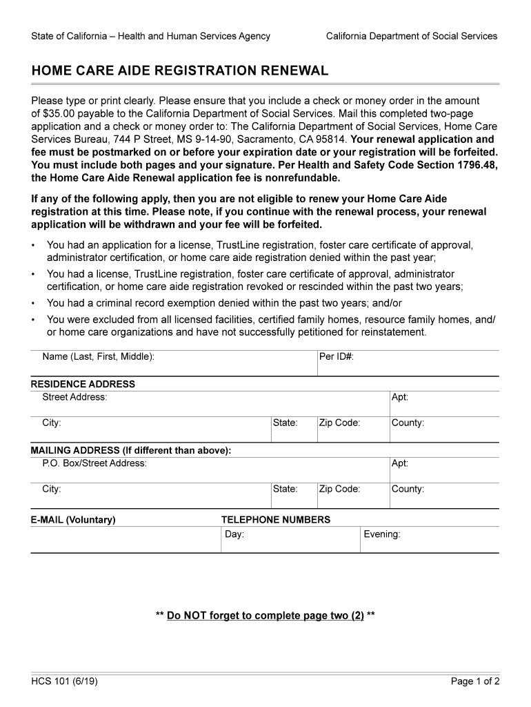 Application for Home Care Aide Registration CCLD State of  Form