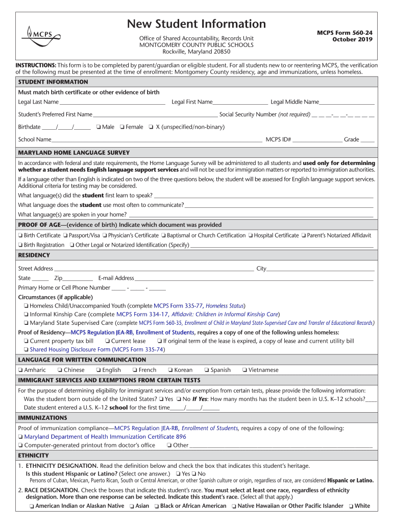  New Student Information Form Montgomery County Public 2019