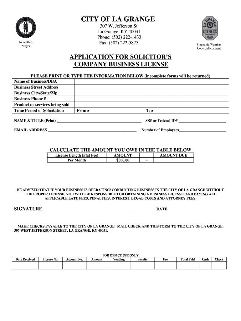 Application for Business License City of La Grange, Kentucky  Form