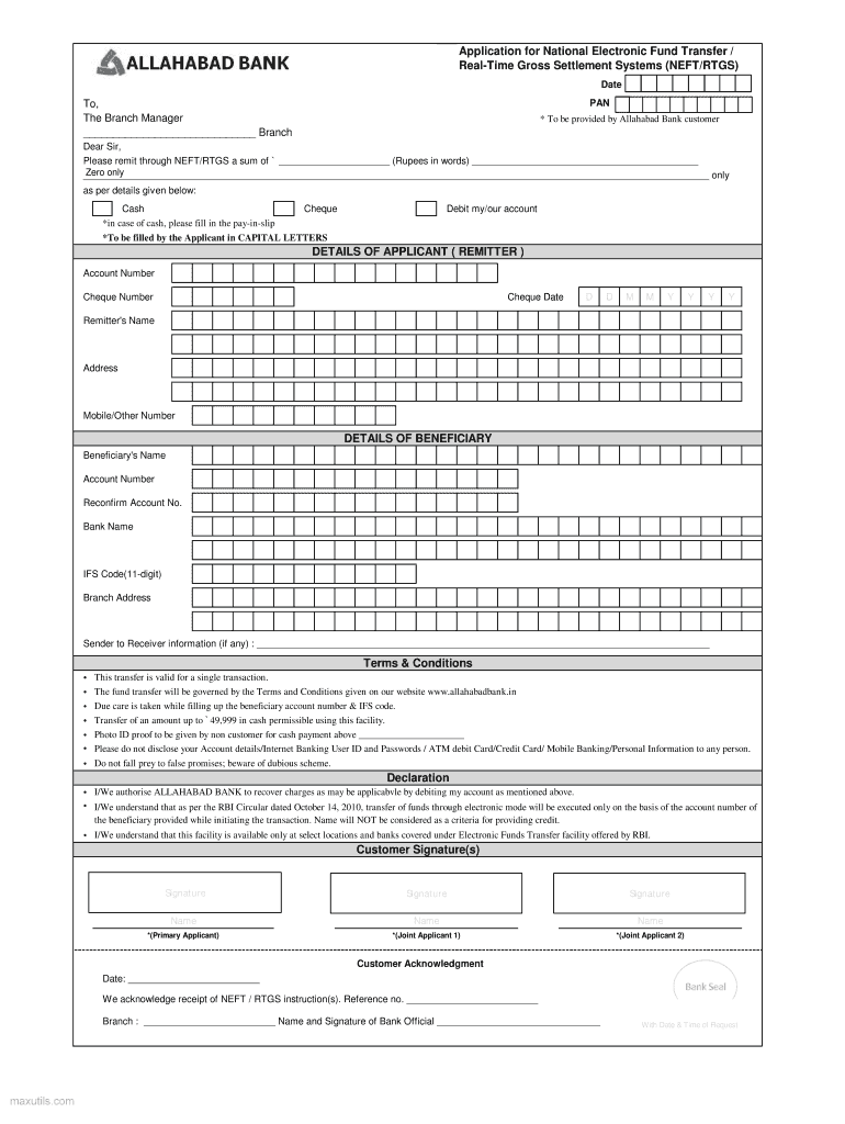 Allahabad Bank Net Banking  Form