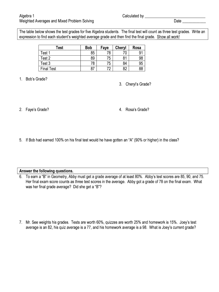 Weighted Mean Worksheet with Answers PDF  Form