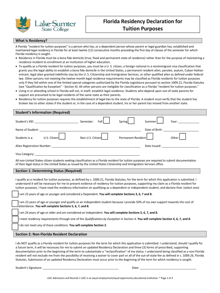 Residency FSU Admissions Florida State University  Form