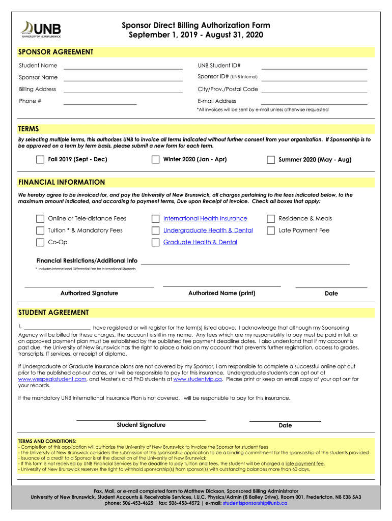  Sponsor Direct Billing Authorization Form September 1 2019