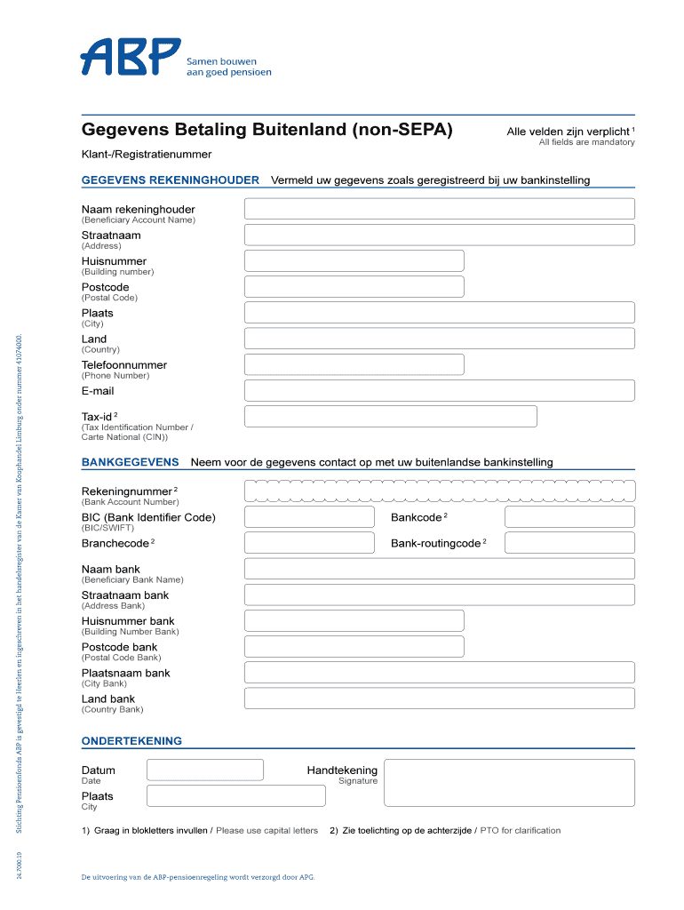 Gegevens Betaling Buitenland Non SEPA  Form