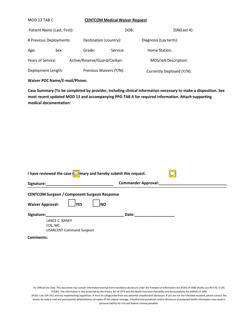 Fillable Online MOD 13 TAB C CENTCOM Medical Waiver Request  Form