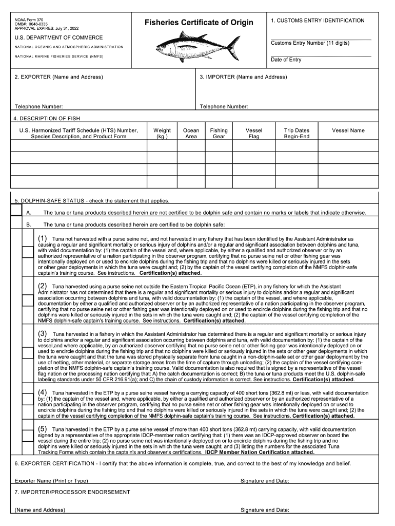  Noaa Form 370 Fisheries Certificate of Origin 2019-2024