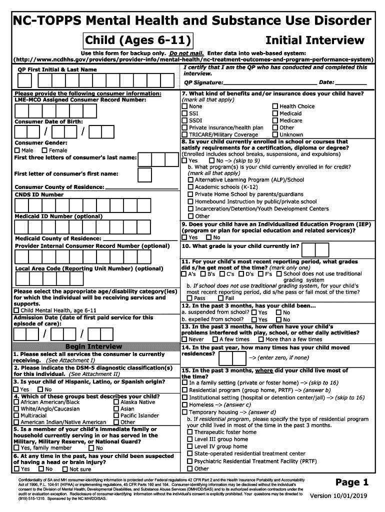  NC TOPPS Mental Health and Substance Use Disorder Child Ages 6 11 Initial Interview 2019-2024