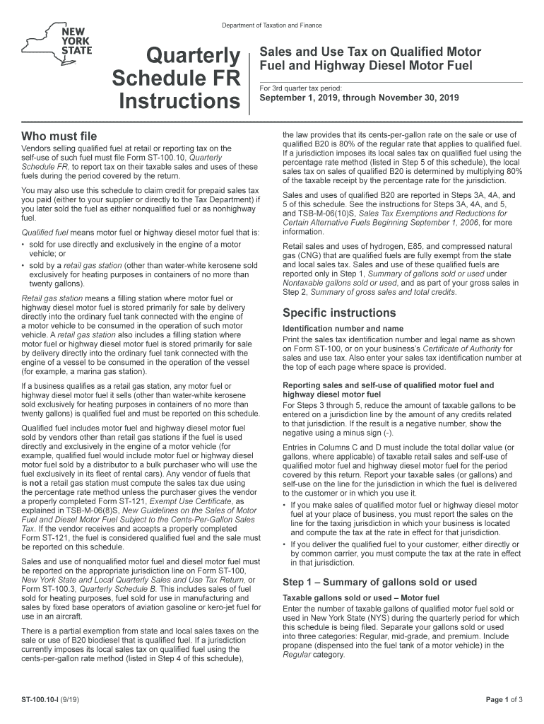 Form ST 100 10 I919Quarterly Schedule FR Instructions  Sales and Use Tax on Quailifed Motor Fuel and Diesel Motor Fuelst100