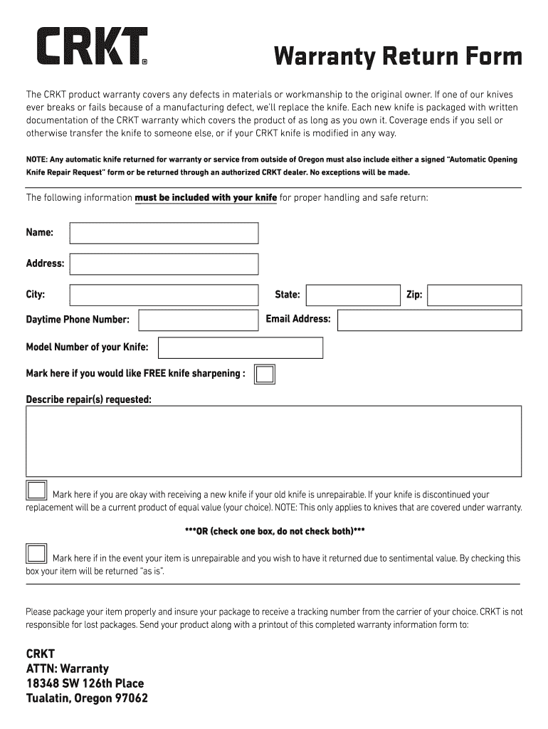  Crkt Warranty Return Form 2019