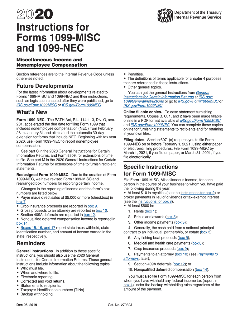  Instructions ForForms 1099 MISCand 1099 NEC Instructions ForForms 1099 MISCand 1099 NEC, Miscellaneous Income AndNonemployee Com 2020