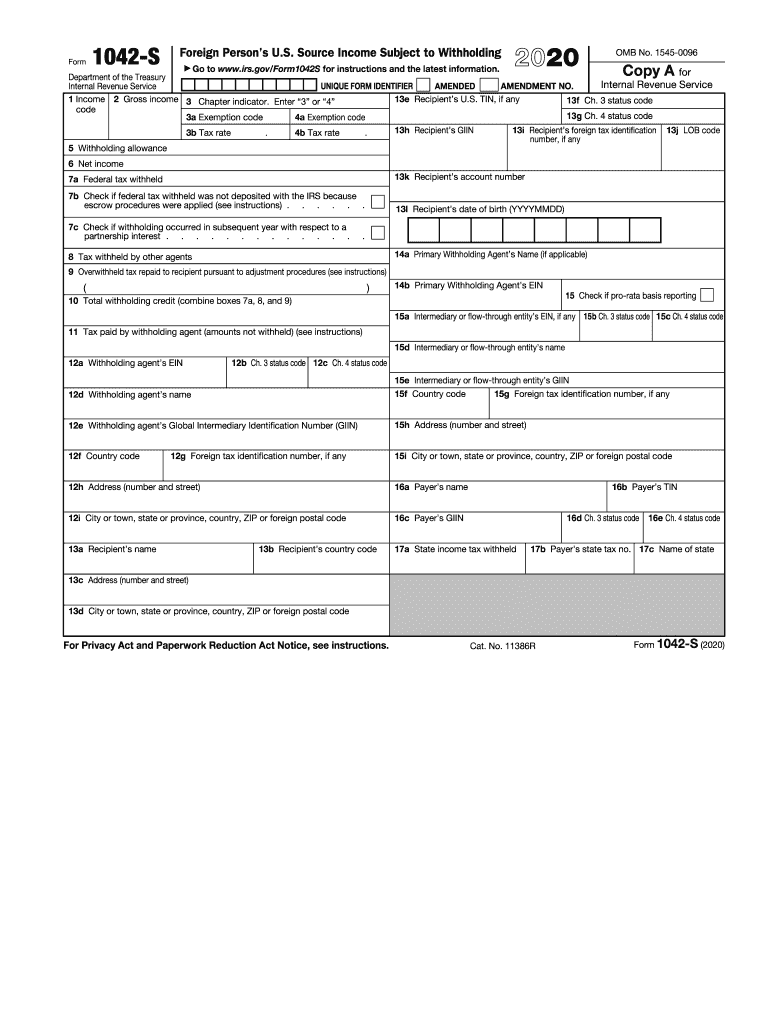  Form 1042 S Foreign Person's U S Source Income Subject to Withholding 2020
