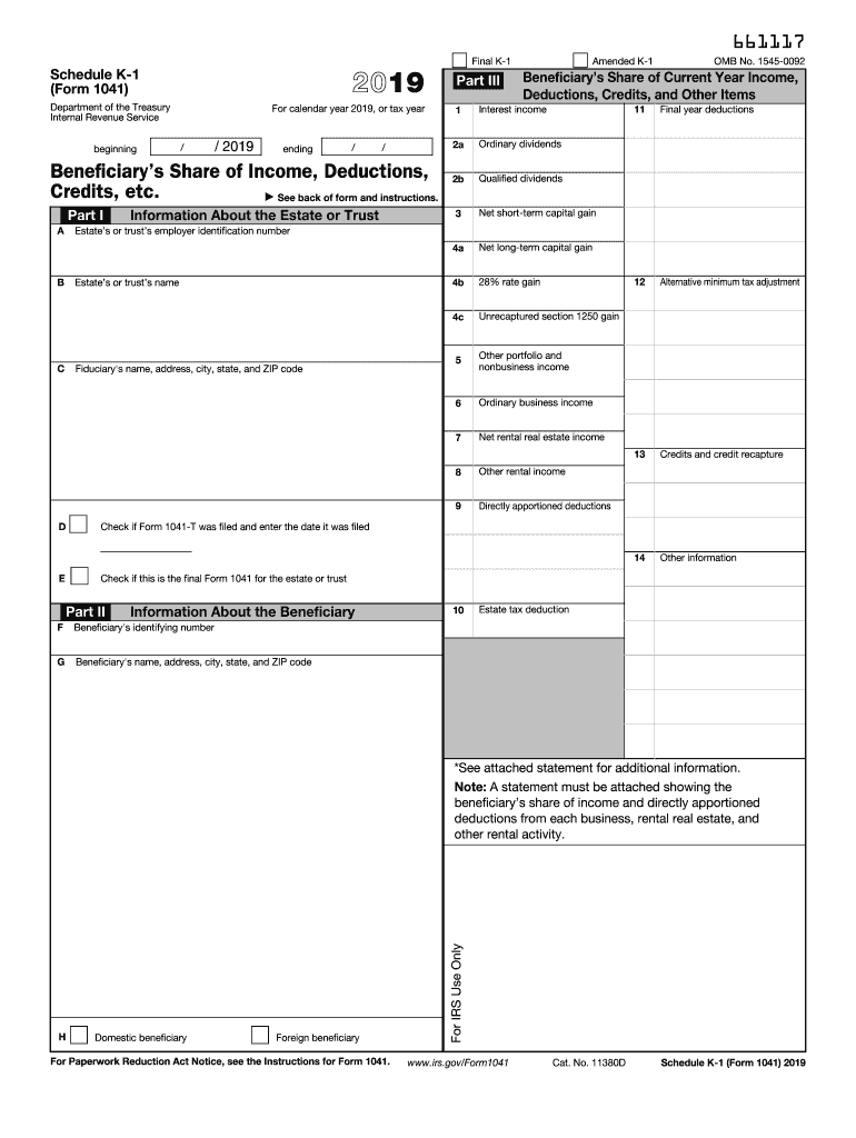  Irs Printable Tax Form Schedule K1 Form1041 2019