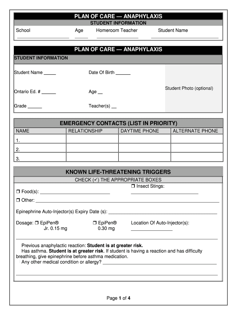 PLAN of CAREANAPHYLAXIS PLAN of CARE DSBN  Form