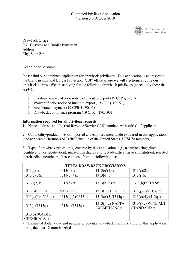 Sample Application for Drawback One Time Waiver Customs  Form