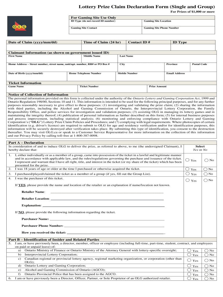 Lottery Prize Claim Declaration Form