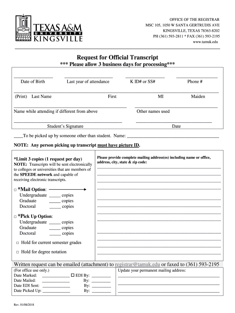  TAMUK Official Transcript Request Form 2019