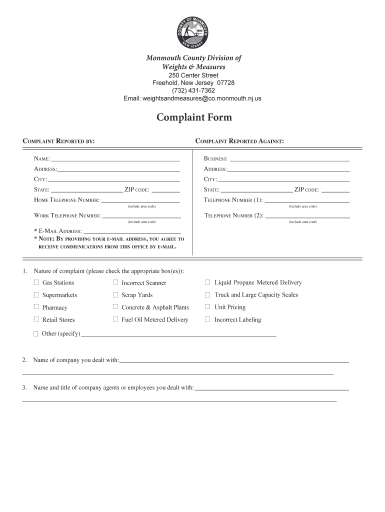  Complaint Form Monmouth County 2018-2024