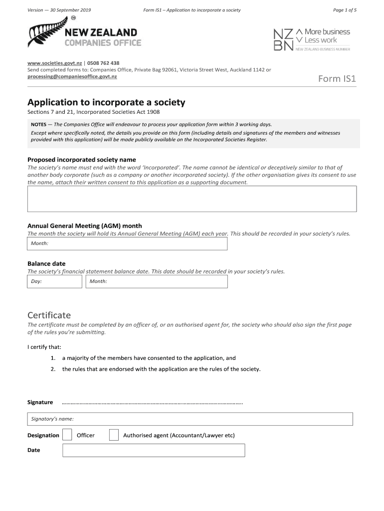 Form IS1 Application to Incorporate a Society