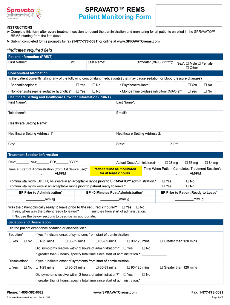 Spravato Patient Monitoring Form