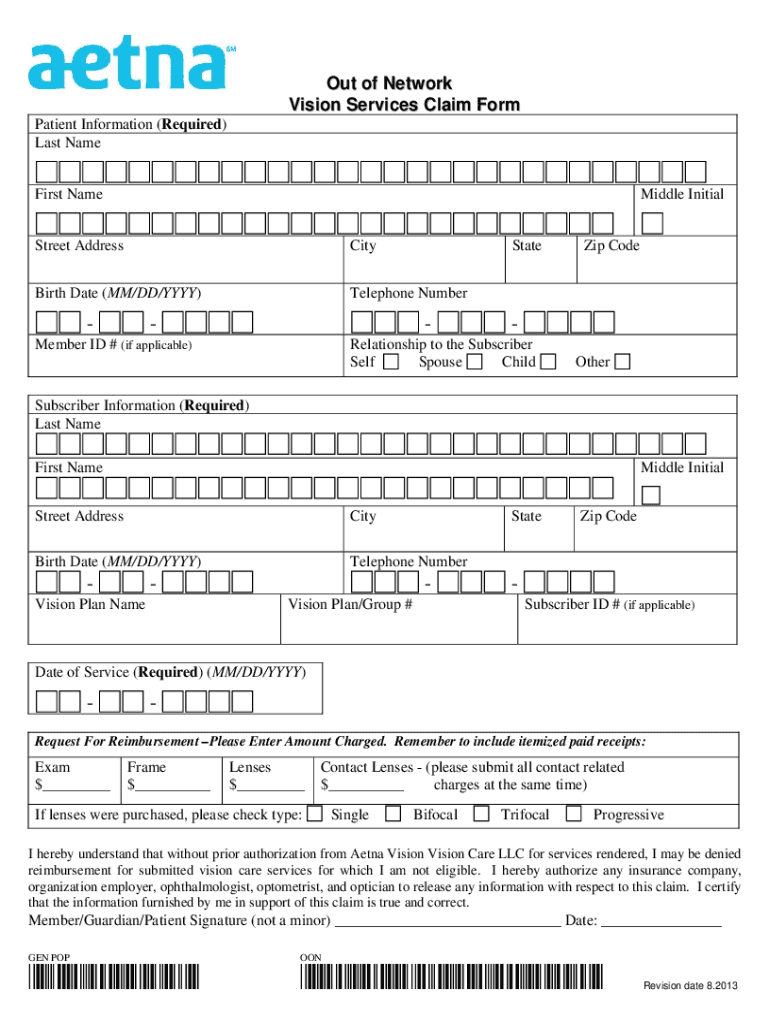  OUT of NETWORK VISION SERVICES CLAIM FORM Claim Form Instructions 2013-2024