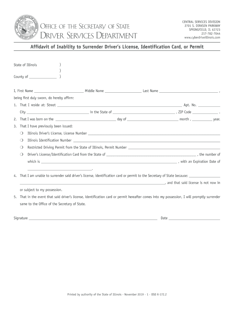 Affidavit of Inability to Surrender Driver's License, Identification  Form