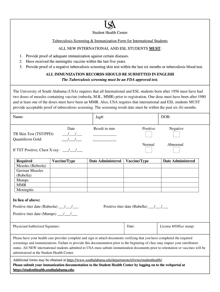 Tuberculosis Screening & Immunization Form for International Students