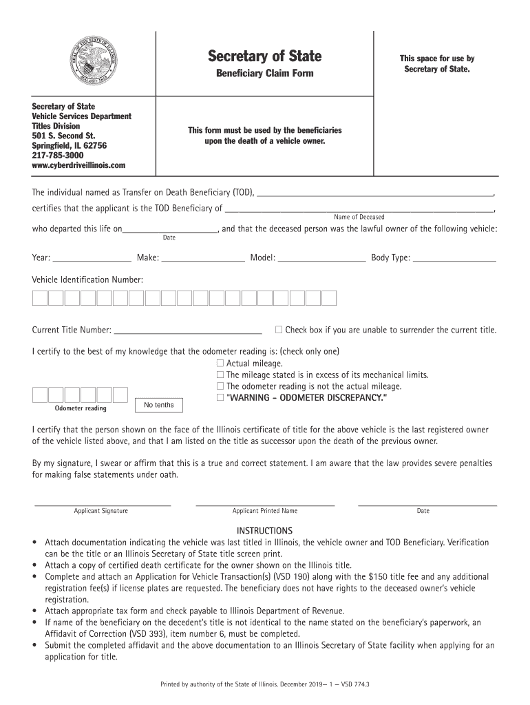 Illinois Secretary of State Beneficiary Form