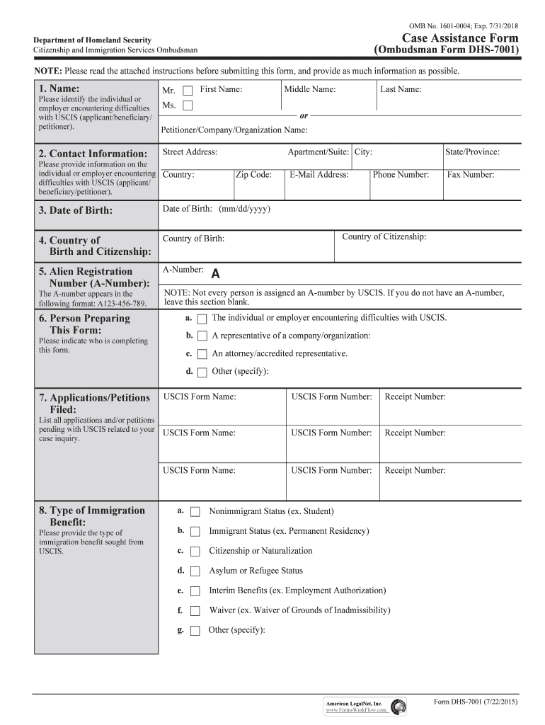  DHS Form 7001, CIS Ombudsman Case Problem Submission Form Keywords Ombudsman; USCIS; CISOMB; CIS Ombudsman; DHS; DHS Form 7001;  2015-2024