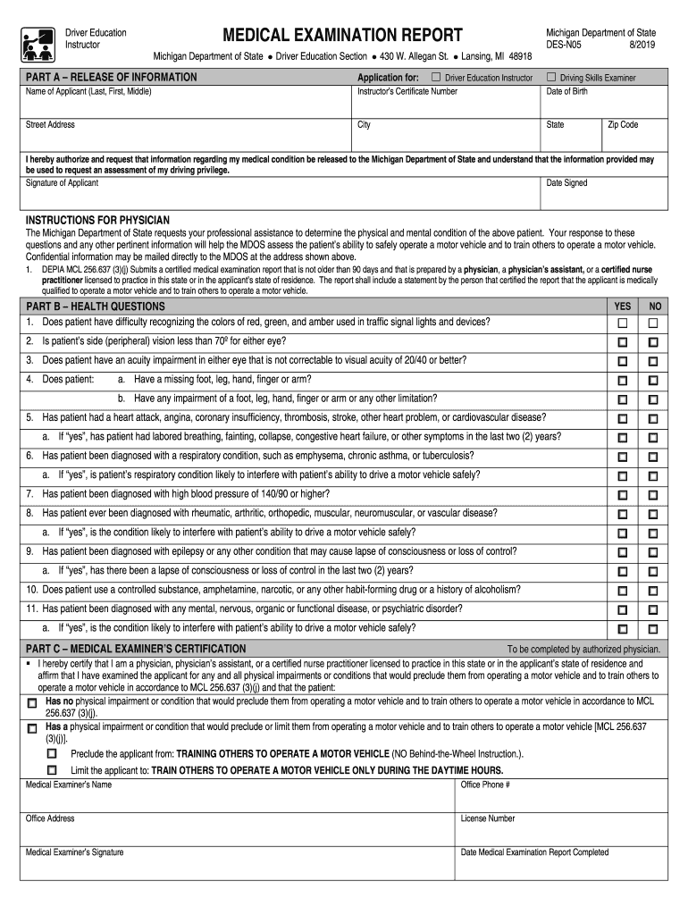 DES N05 Medical Examination Report Driver Education  Form