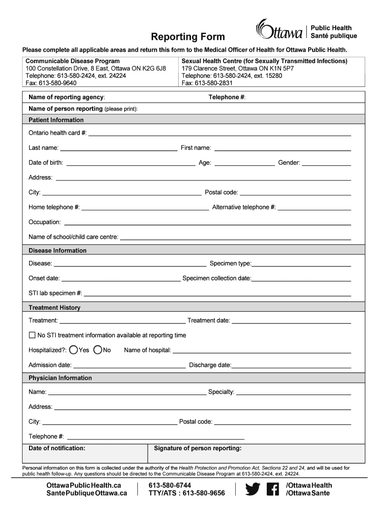 Reporting a Communicable Disease Ottawa Public Health  Form