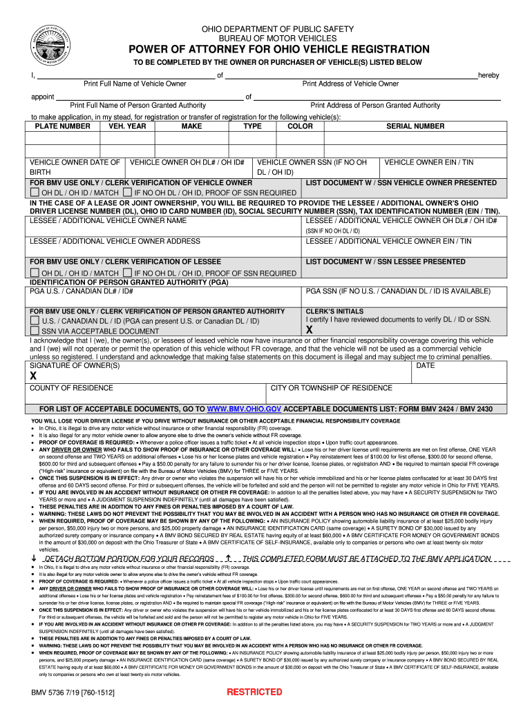  Ohio Motor Vehicle Power of Attorney Form BMV 3771 2019-2024