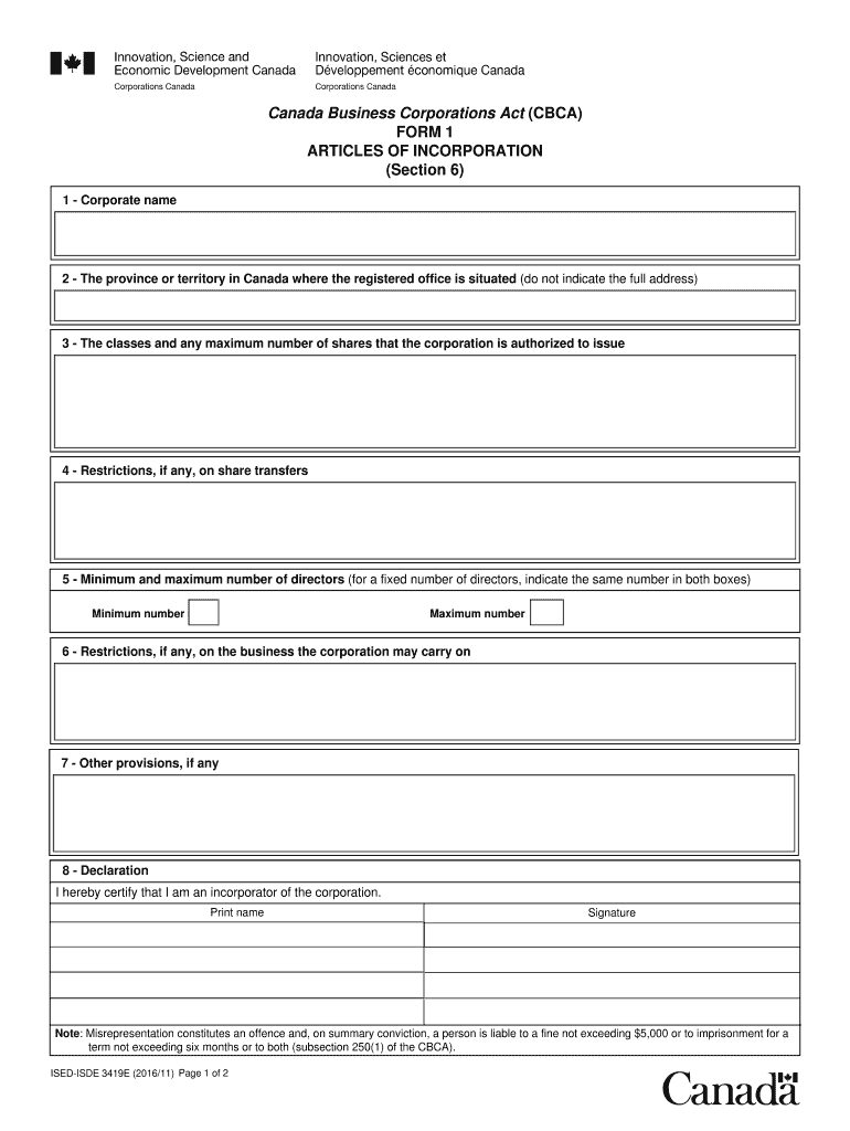  ISED ISDE 3419E Articles of Incorporation Form 1 Articles of Incorporation 2016-2024