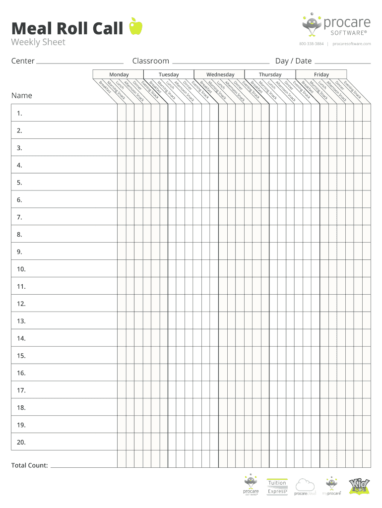  Child Care Formsweekly Meal Roll Call Sheet 2019-2024