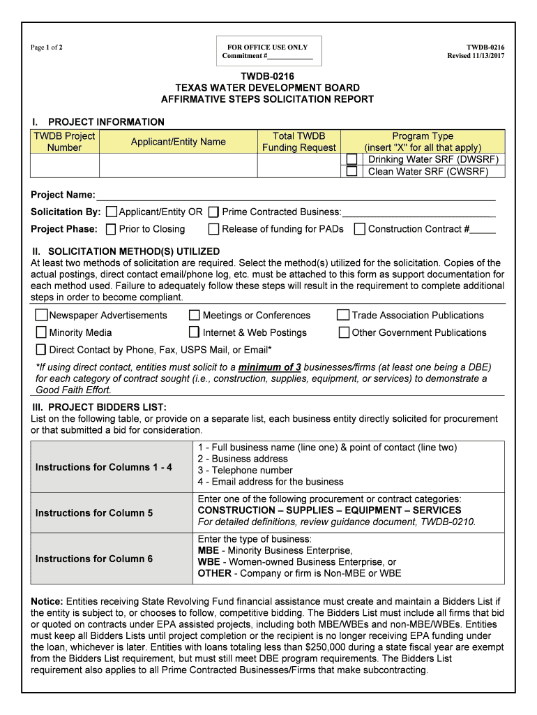  TWDB 0216 Affirmative Steps Solicitation Report Form Disadvantaged Business Enterprises DBE 2017-2024