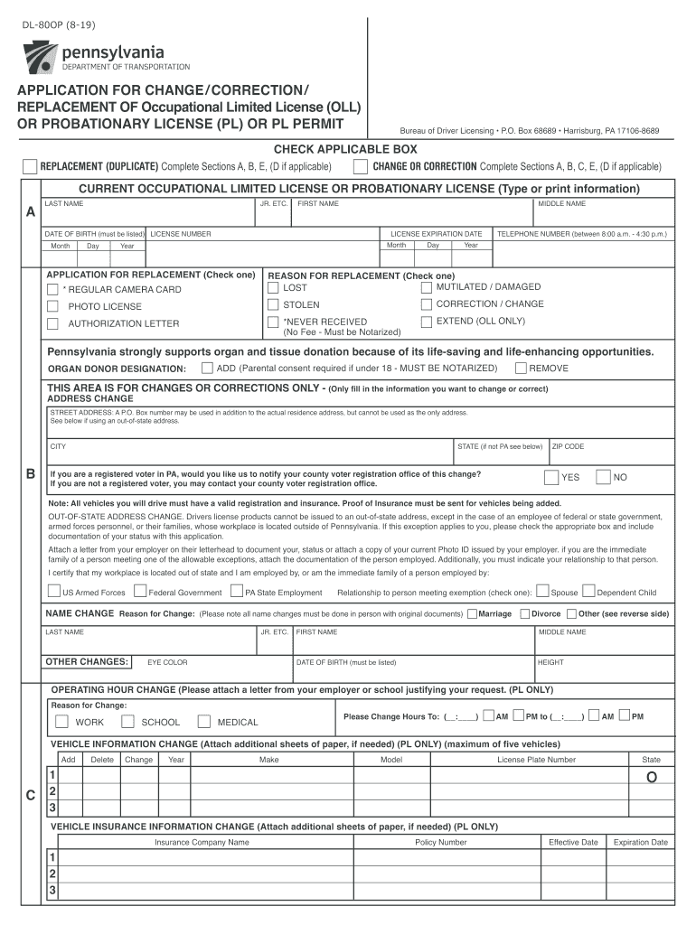  APPLICATION for CHANGE CORRECTION Dot State Pa Us 2019
