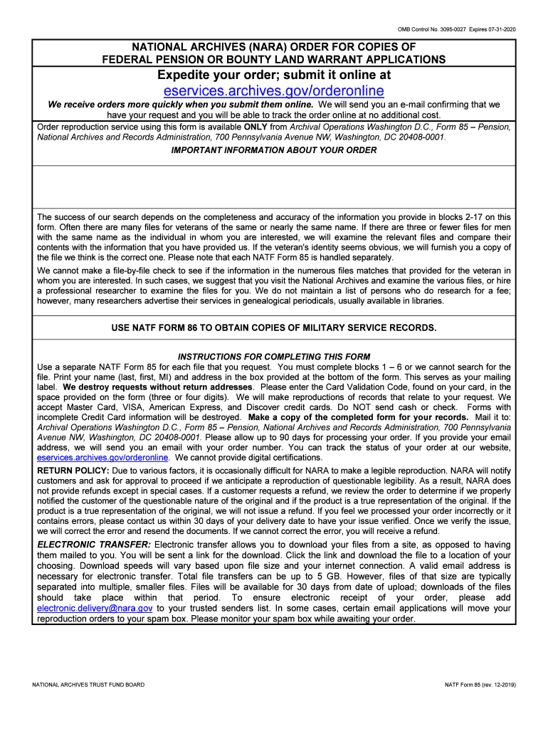  ORDER for COPIES of FEDERAL PENSION or BOUNTY LAND WARRANT APPLICATIONS ORDER for COPIES of FEDERAL PENSION or BOUNTY LAND WARRA 2019