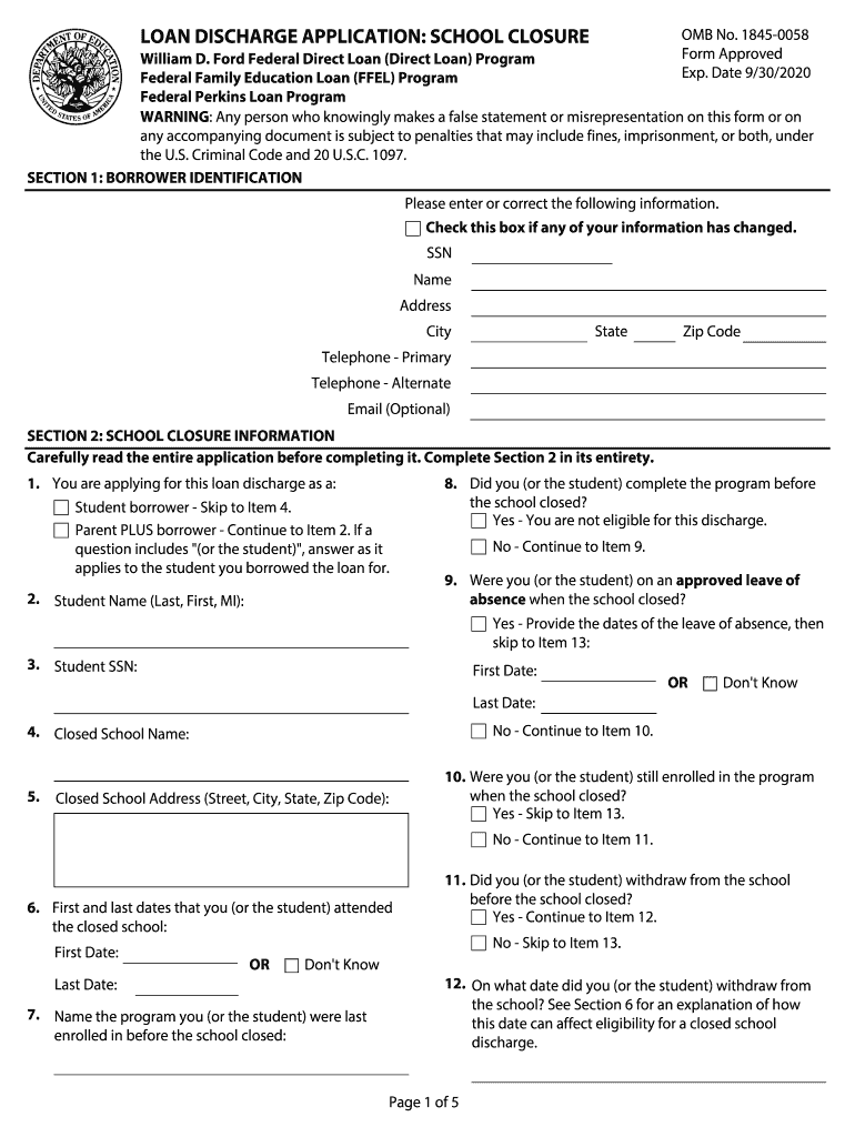  Loan Discharge Application School Closure IFAP US 2020-2024