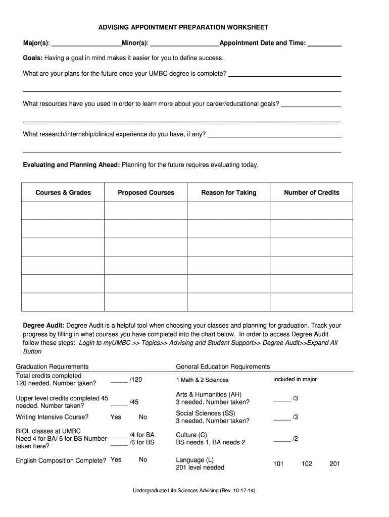  Pre Advising Sheet UMBC Biology 2014-2024