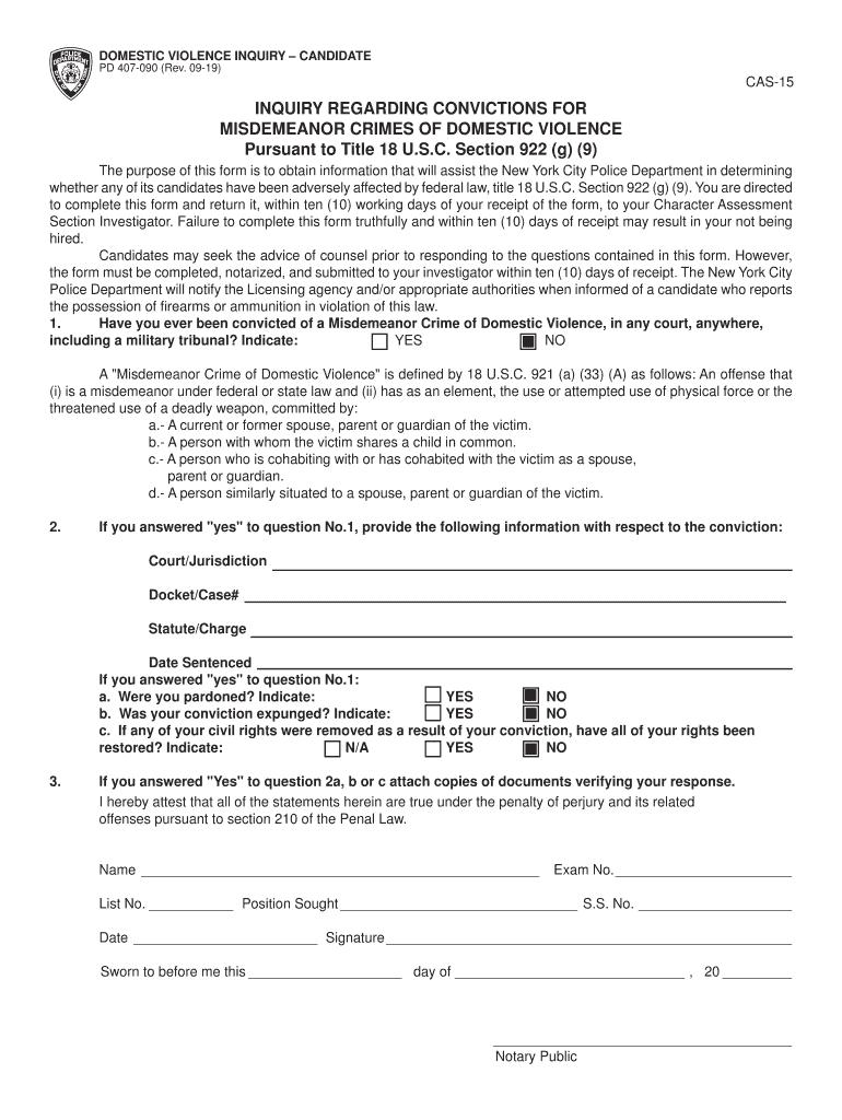 Get and Sign PD 407 090 Domestic Violence Inquiry Candidate 2019-2022 Form