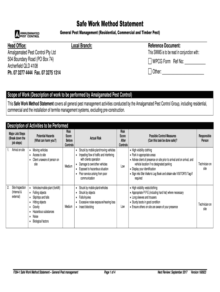 Safe Work Method Statement Amalgamated Pest Control  Form