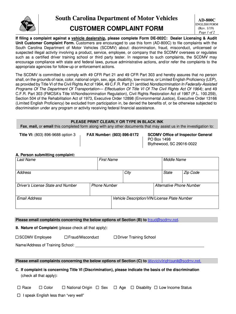  Consumer Complaints  South Carolina Department of 2019-2024