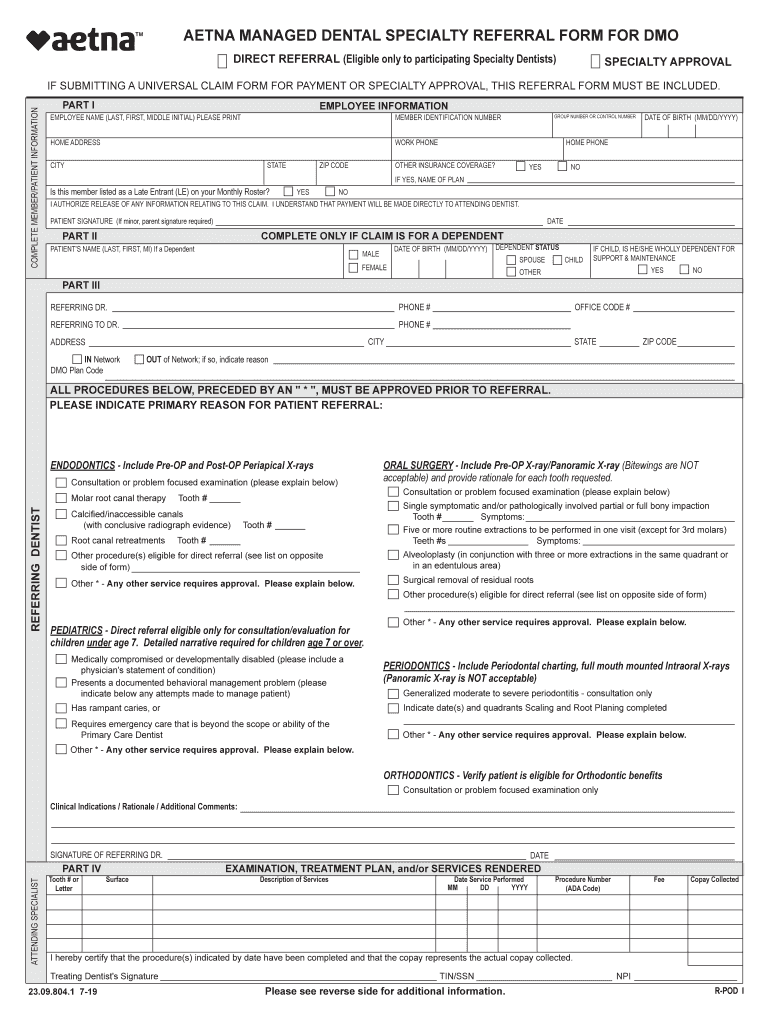  AETNA MANAGED DENTAL SPECIALTY REFERRAL FORM for DMO 2019-2024