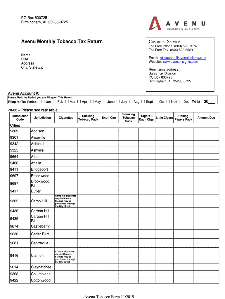 Avenu Monthly Tobacco Tax Return  Form