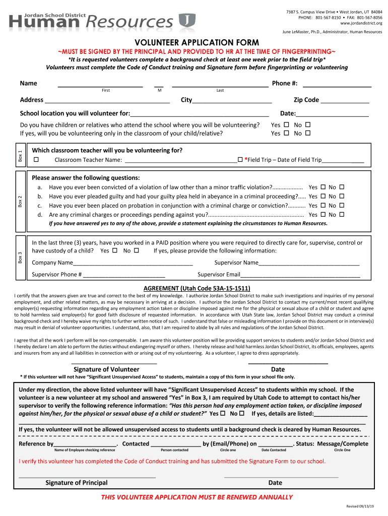 Volunteer Application Form Jordan School District