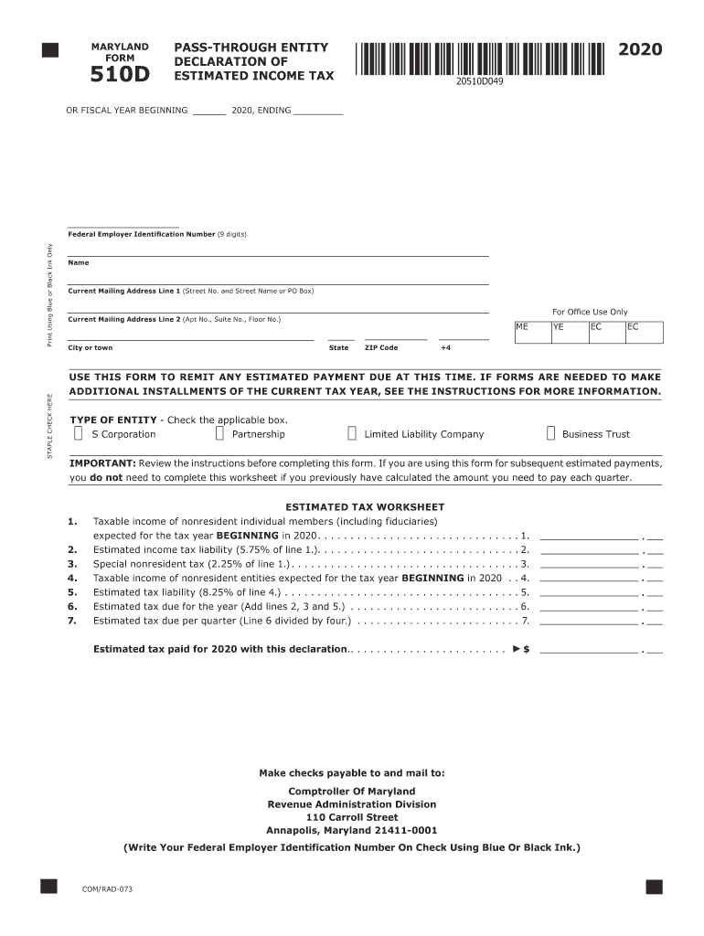  TY 510D PTE ESTIMATED INCOME TAX FORM 2020