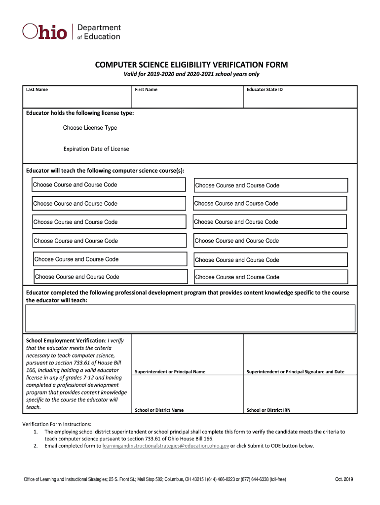 Computer Science Verification Form Computer Science Verification Form