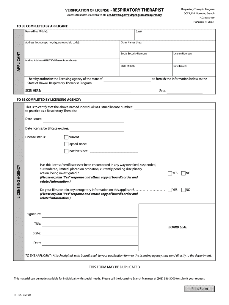 Hawaii Respiratory License  Form