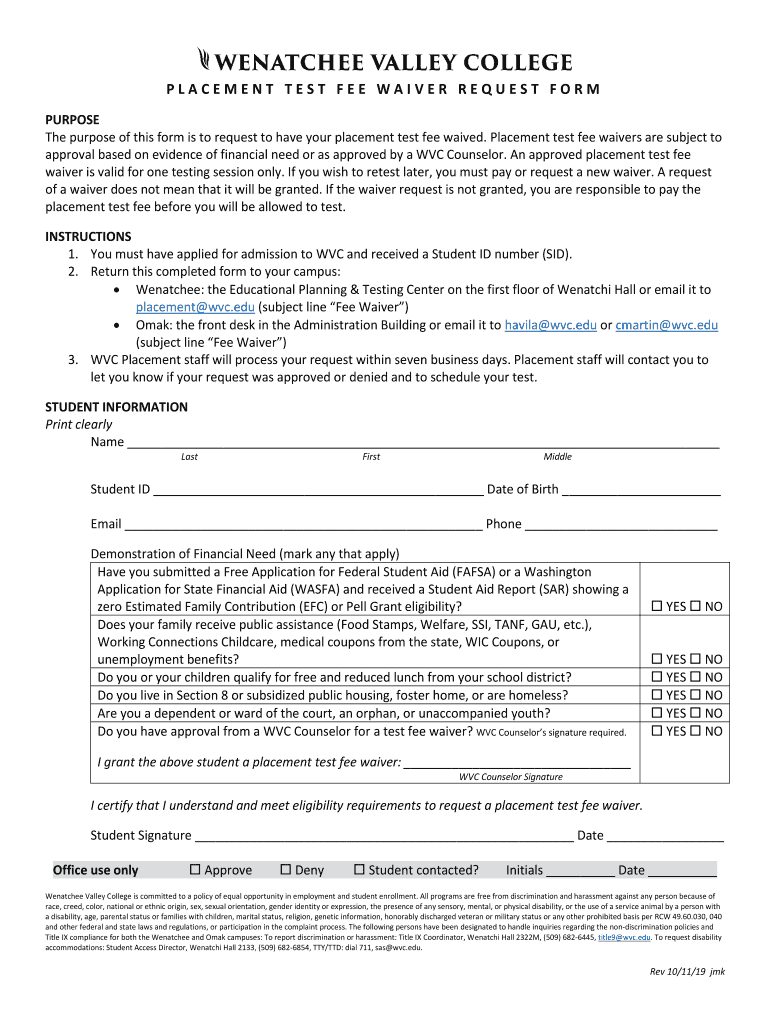 PLACEMENT TEST FEE WAIVER REQUEST FORM